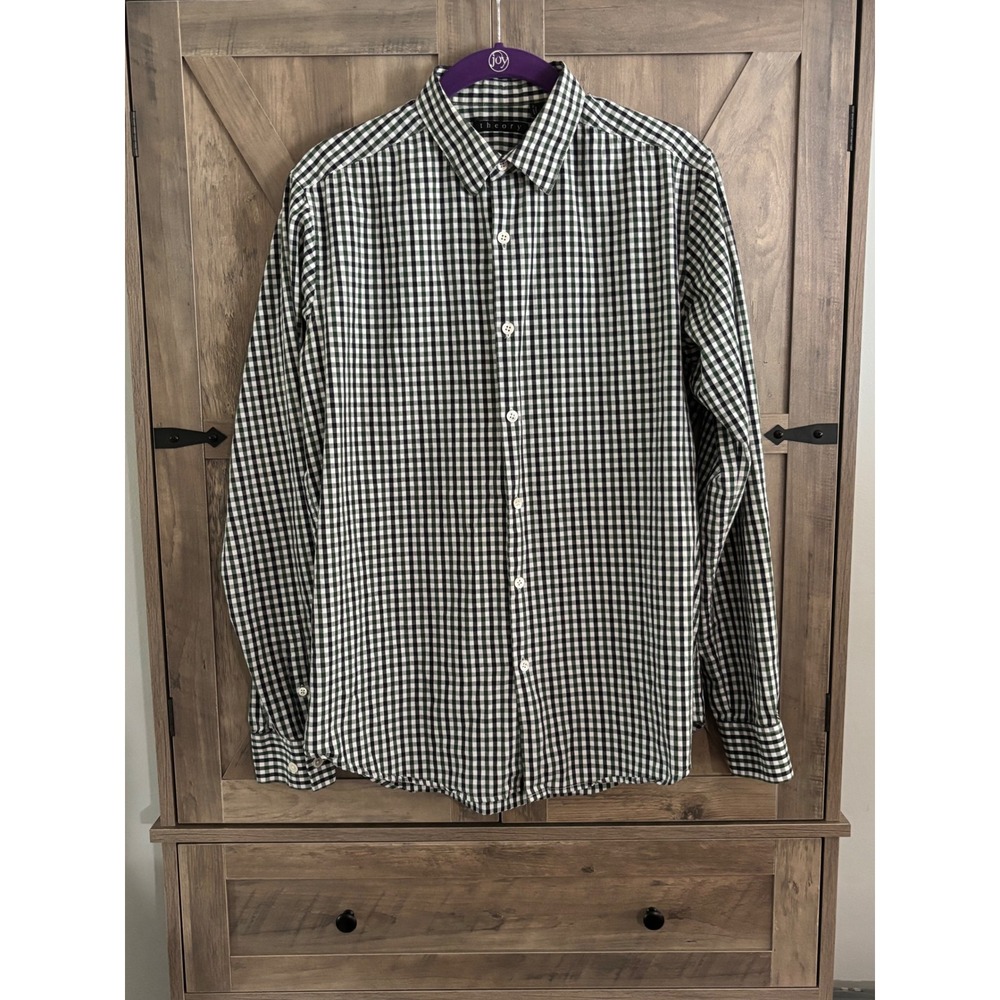 Theory Mens Gingham Button Down Shirt Green Navy Blue Check Long Sleeve Small